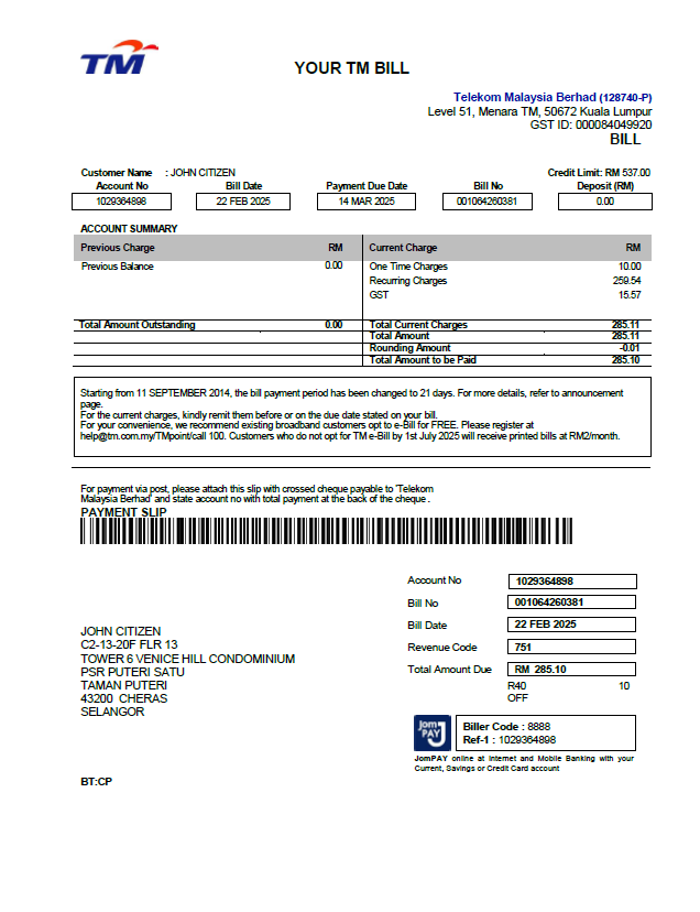 Malaysia Telekom utility bill template in Word and PDF formats
